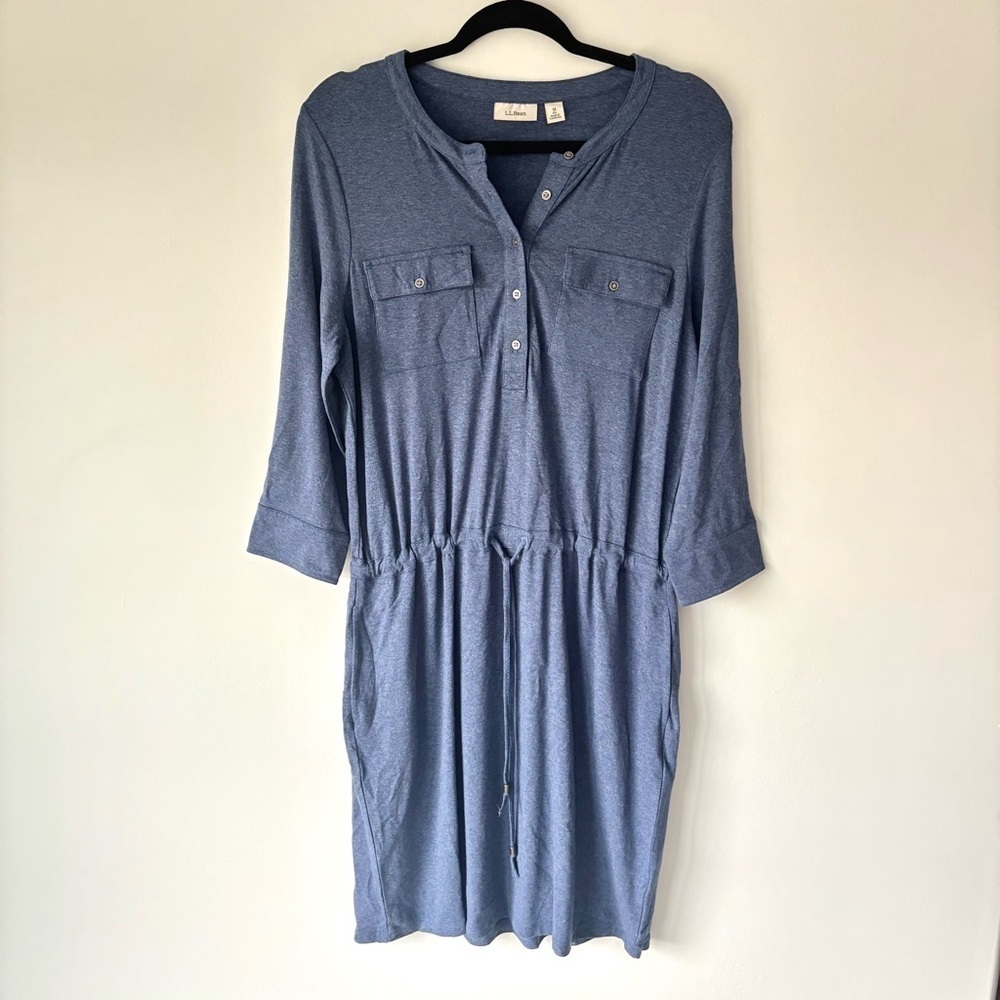 L.L. Bean Blue Long Sleeve Midi Dress Drawstring Waist Henley Button Front
